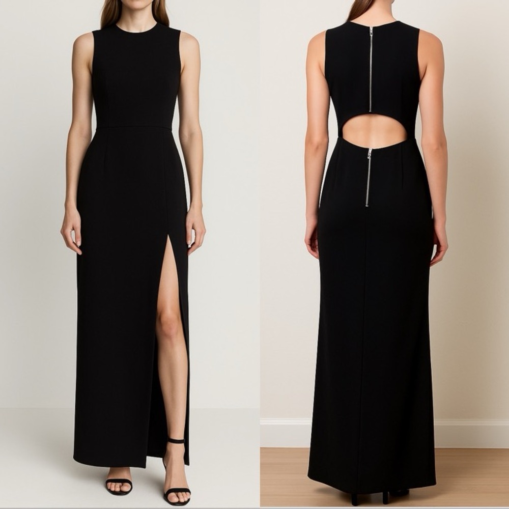 Elizabeth and James Black Sleeveless Minimalist Cutout Maxi Gown Front Slit 2